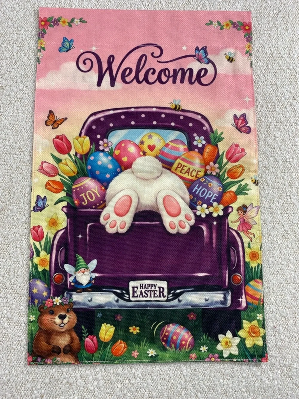 Welcome Easter Garden Flag - Pink & Purple Bunny Tail Design
